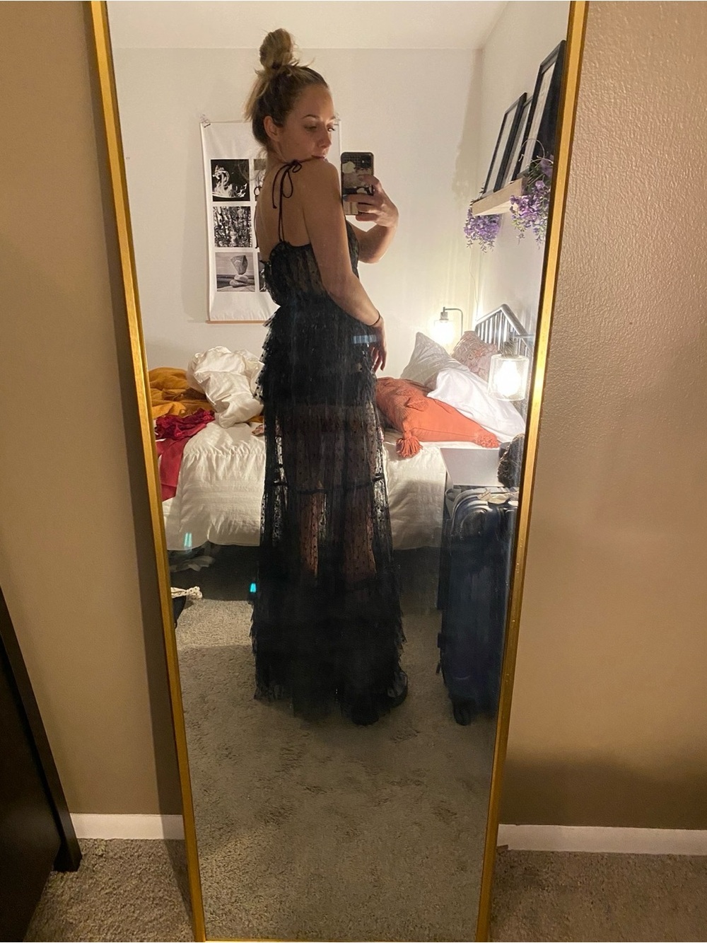 For Love & Lemons Black Sheer Polka-Dot Tiered Maxi Dress - Picture 8 of 9